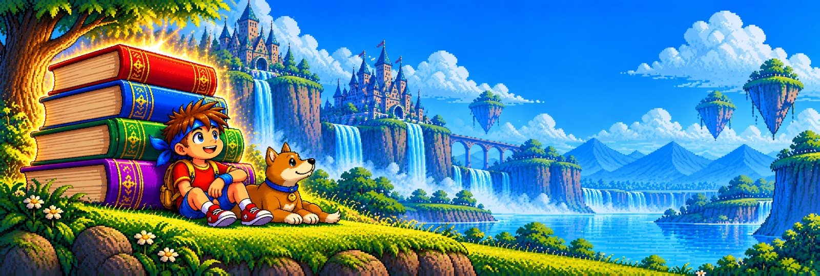 The runner and Baxter the dog resting against a glowing stack of books, looking out over a valley of waterfalls and castles