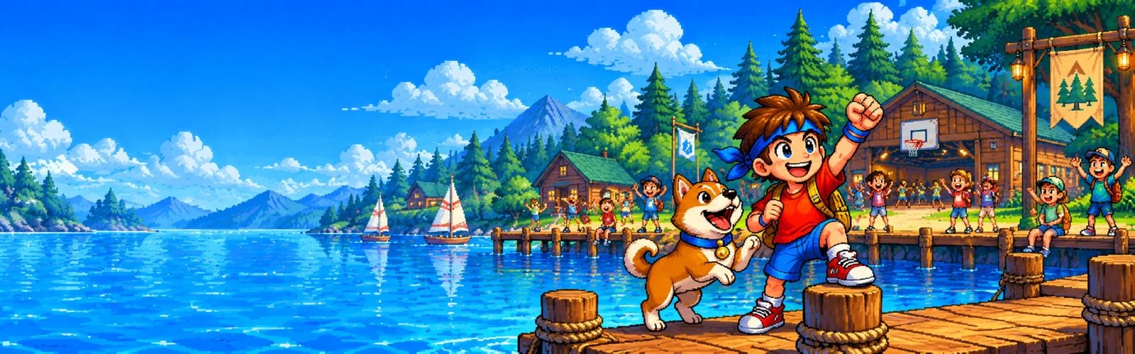 The runner and Baxter the dog cheering on a lakeside dock at summer camp, with cabins, sailboats and happy campers behind them
