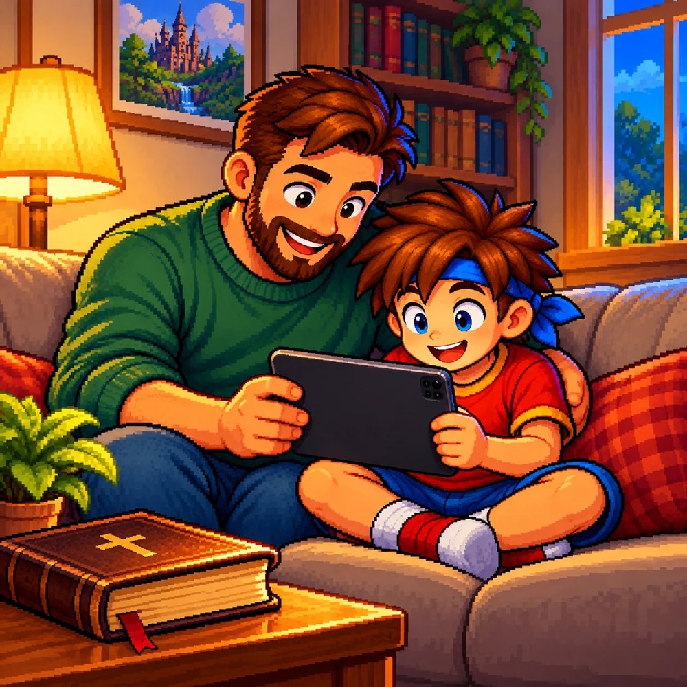 A dad and his son on the couch, laughing together over a tablet, with a Bible on the table beside them