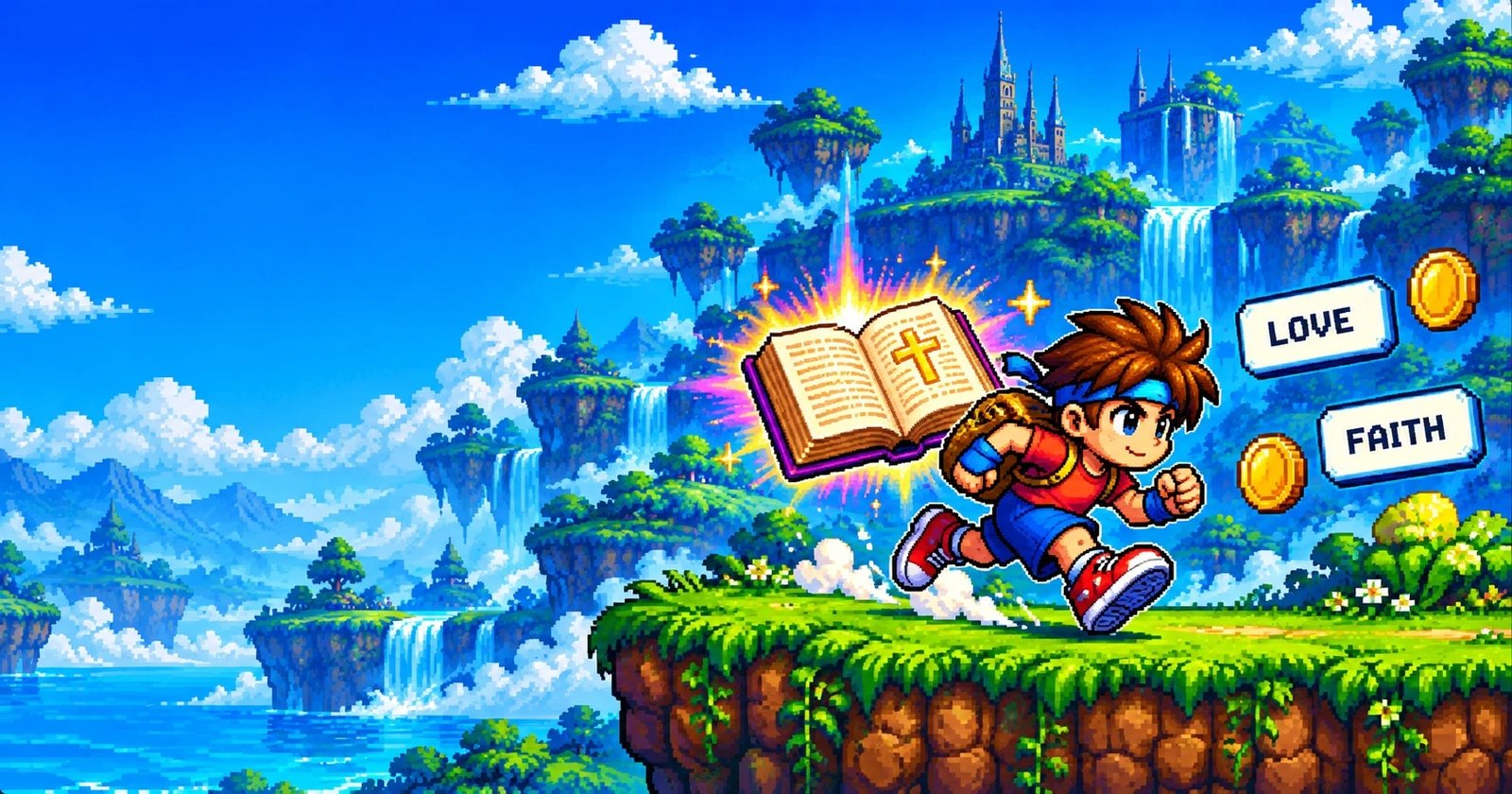 The Verse Runner boy sprinting along a cliff with a glowing Bible, coins, and floating words LOVE and FAITH