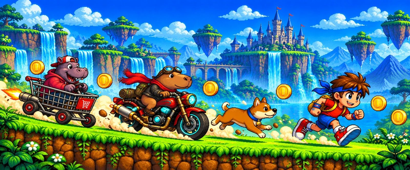 The runner racing along a cliff with Baxter the dog, Nitro Nibbles the capybara on a motorcycle, and Hippocrates the hippo in a rocket shopping cart